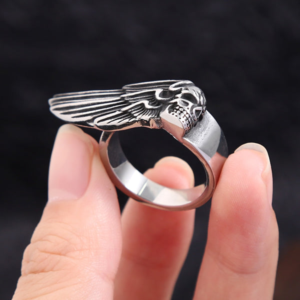 Anillos únicos vintage de acero inoxidable 316L con alas de calavera y plumas para hombres y mujeres