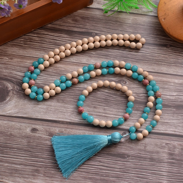 Conjunto de collar y pulsera Japamala de 108 cuentas de aguamarina fósil blanca de 8 mm
