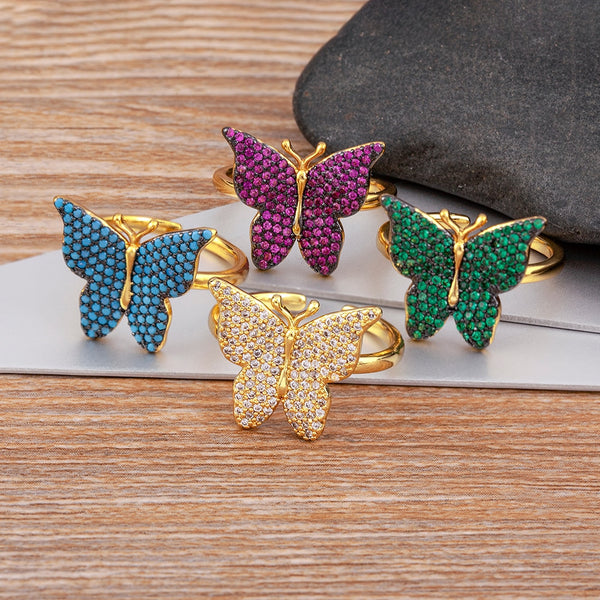 Anillo ajustable con diseño de mariposa de la suerte y incrustaciones de cobre de alta calidad con diseño de moda