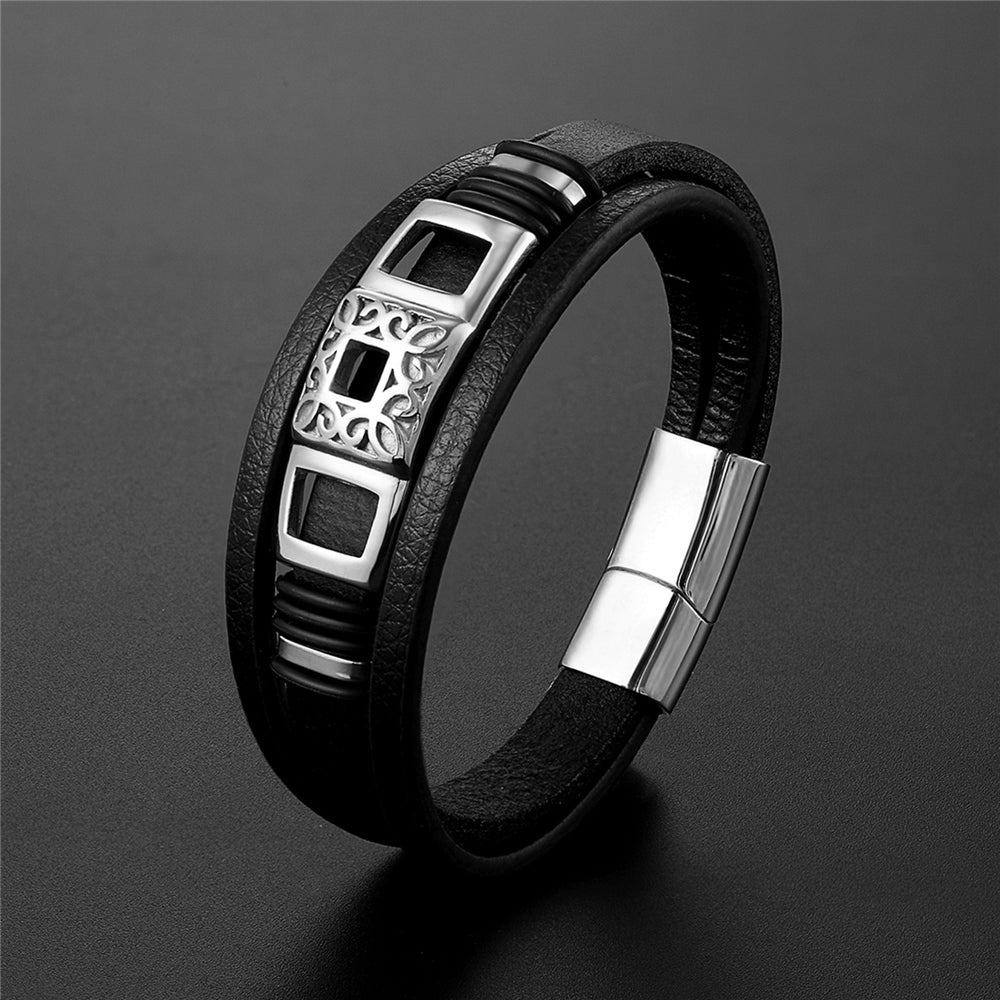 New Multi-Layer Genuine Leather 8 words Bracelet For Men Stainless Steel Magnetic Clasp