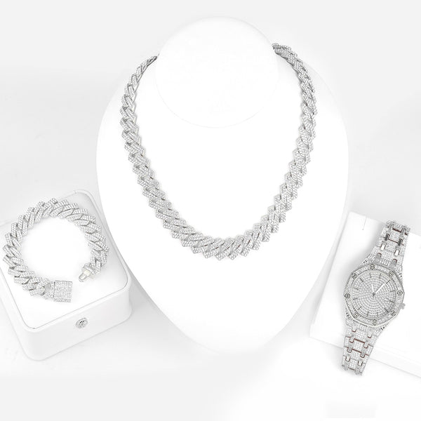 Hip Hop Watch+Necklace+Bracelet 3PCS KIT Bling Iced Out Rhinestones Octagon Watch