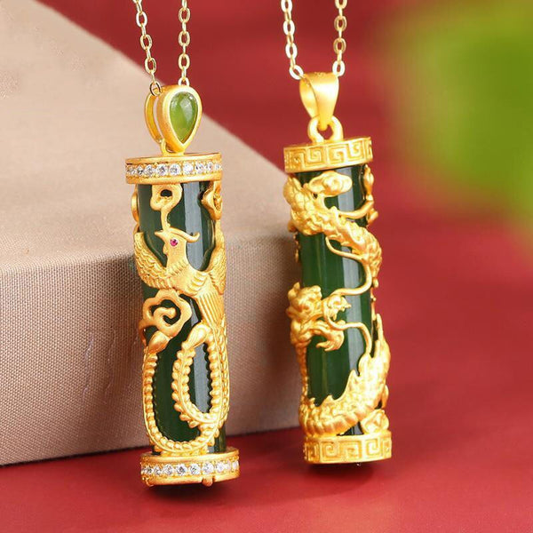 Nuevo colgante de collar dorado con fénix y pilar de dragón de jade hetiano de artesanía antigua en oro
