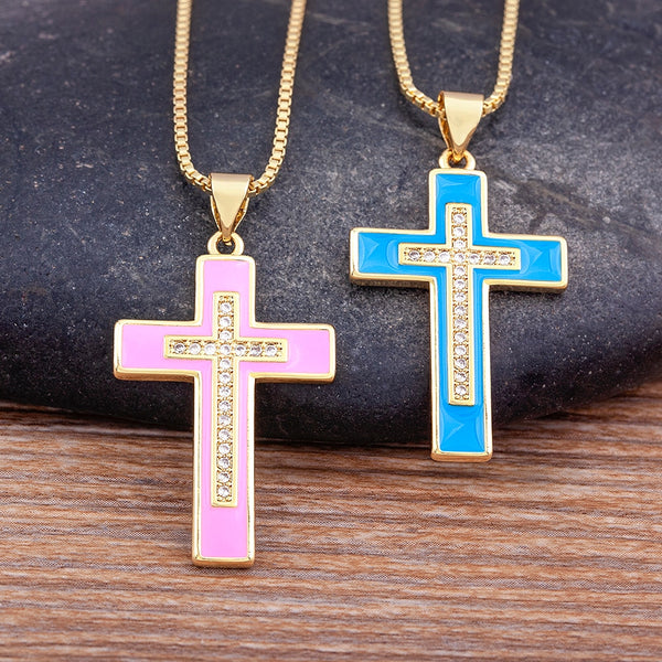 Collar clásico con colgante de gota de aceite y cruz de arcoíris de esmalte brillante para mujer