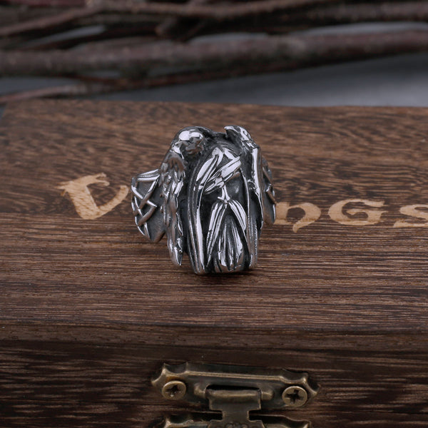Anillo de acero inoxidable con diseño retro vikingo nórdico de Odín, Huginn y Munin para hombre