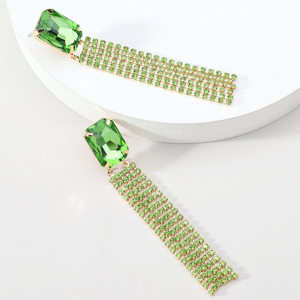 Pendientes largos colgantes con borlas de cristal brillante y elegantes de moda para mujer
