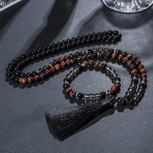 8mm Red Tiger Eye Black Onyx 108 Mala Beaded Necklace