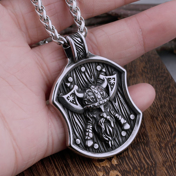 Collar con colgante de acero inoxidable con escudo y hacha de Odín, guerrero vikingo nórdico, para hombre, estilo vintage
