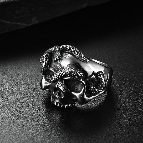 Anillo gótico de acero inoxidable 316L con calavera y serpiente para hombre