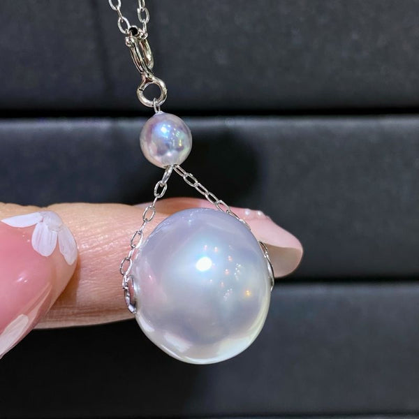 Colgante grande de 14-15 mm de agua dulce y 5-6 mm de perla doble de agua de mar Akoya, fino y moderno, plata de ley 925 para mujer.