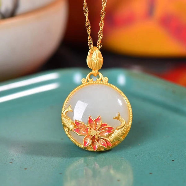 fish-shaped lotus flower natural Hetian jade pendant
