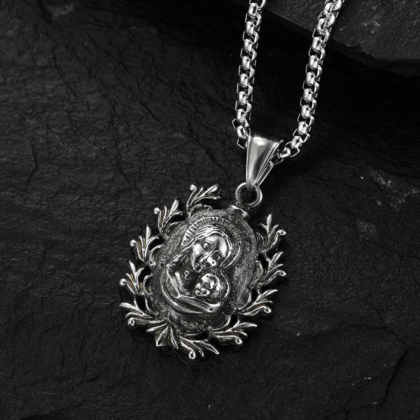 Collar vintage de la Virgen María católica de acero inoxidable para hombres y mujeres, amuleto con colgante de motociclista.