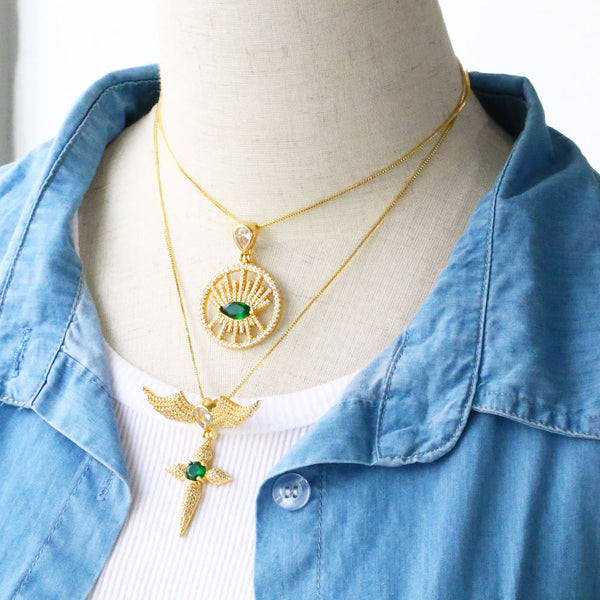 Big Round Disc Green Eye Necklaces for Women Copper CZ Rhinestone Angel Wings Cross Necklace