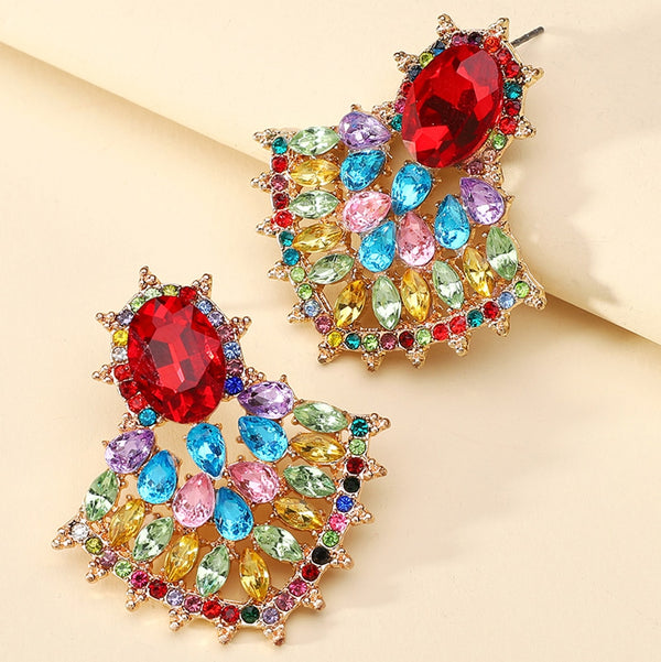 Pendientes grandes de metal con cristales coloridos y huecos de moda bohemia para mujer