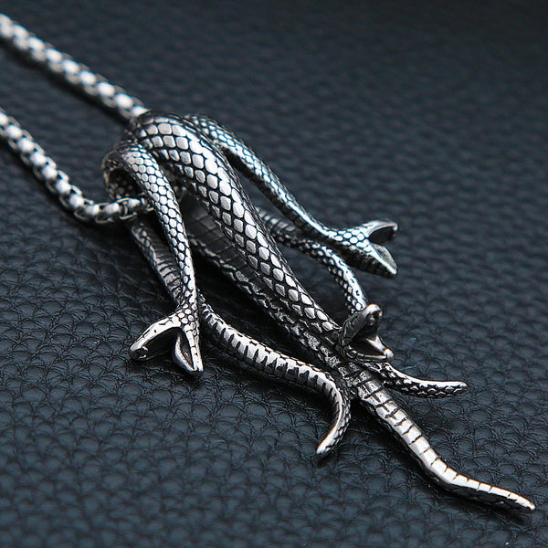 Collar con colgante de serpiente de tres cabezas vintage para hombre, de acero inoxidable, estilo punk motero, collar largo con serpiente