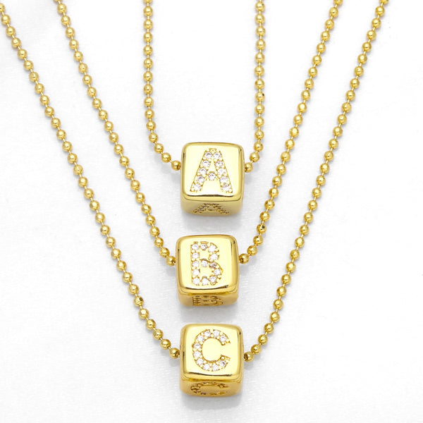 CZ Rhinestone Cube Initial Necklaces for Women Gold Plated Beads Chain 26 Letters Name Necklaces