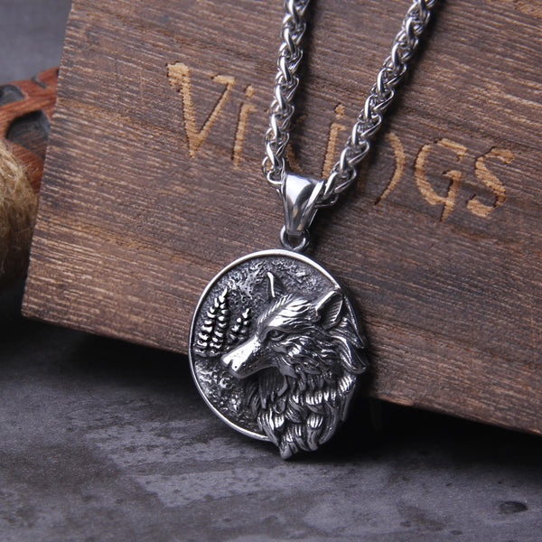 Collar con colgante vikingo nórdico de acero inoxidable con cabeza de lobo y árbol para hombre Never Fade