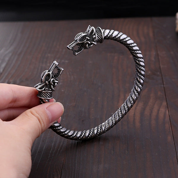 Pulsera vikinga vintage punk con doble cabeza de dragón personalizada para hombre