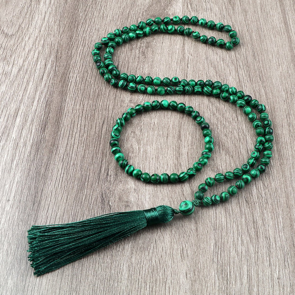 Pulsera Mala tibetana 108, collar con cuentas de piedra natural de alta calidad, collar de malaquita verde
