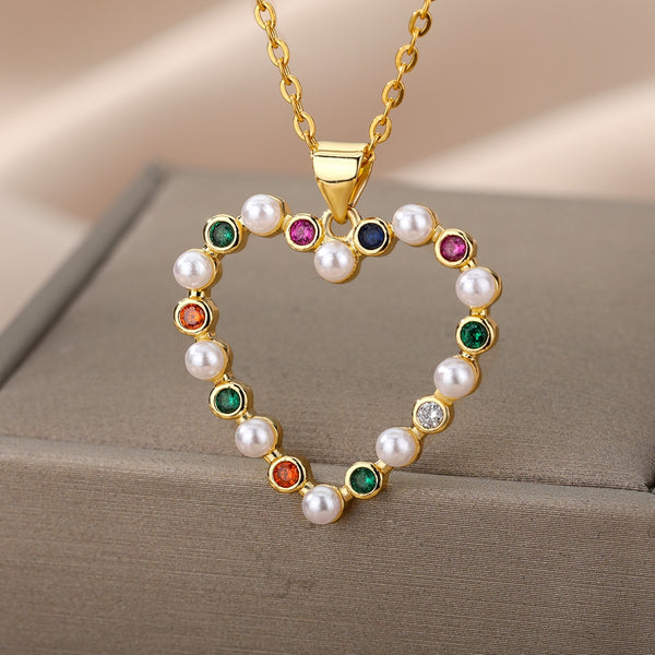 Hollow Out Peral Heart Necklace For Mother Kids Stainless Steel Chain