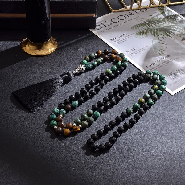 8mm Black Onyx African Turquoise Yellow Tiger Eye Beaded Knotted Necklace