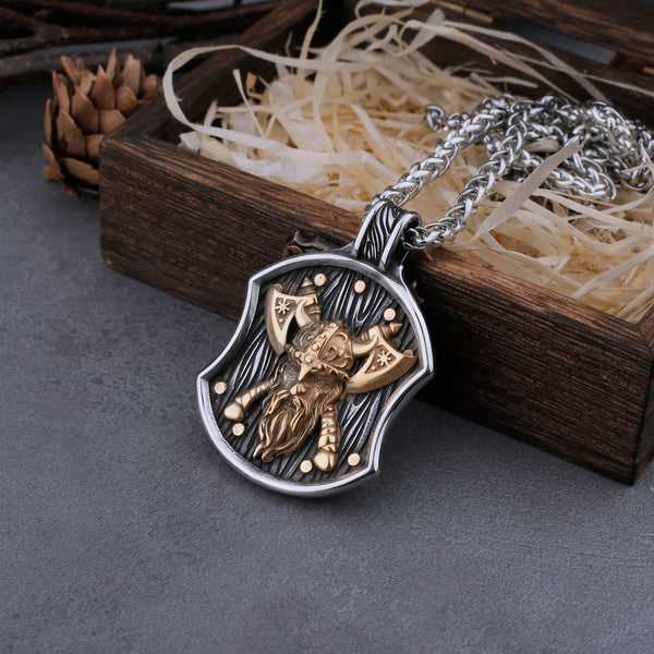 Collar de acero inoxidable con diseño de guerrero vikingo y escudo para hombre, amuleto de motociclista de moda.
