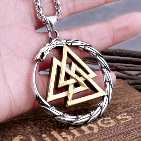 Collar vikingo Valknut de acero inoxidable para hombre, colgante nórdico Ouroboros estilo hip hop, estilo vintage callejero.