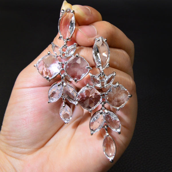 New Arrival Fashion Shining Crystal Large Long Leaf Shaped Dangle Drop Earrings For Women