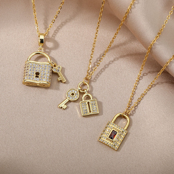 Gothic Crystal Lock Key Pendant Necklace Gold Color Stainless Steel Chain Lock Necklace