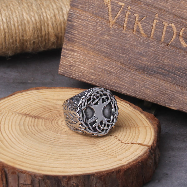 Anillo de sello del árbol de la vida de acero inoxidable, clásico anillo vikingo para hombre.