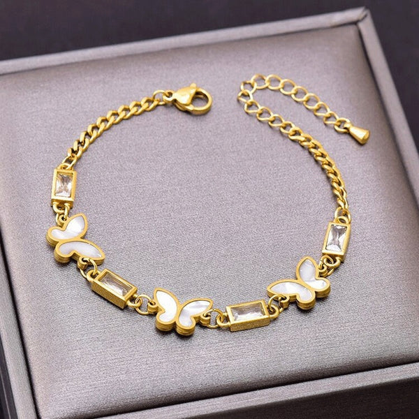 Pulsera con dije de mariposa de circonita cuadrada blanca de acero inoxidable 316L para mujer