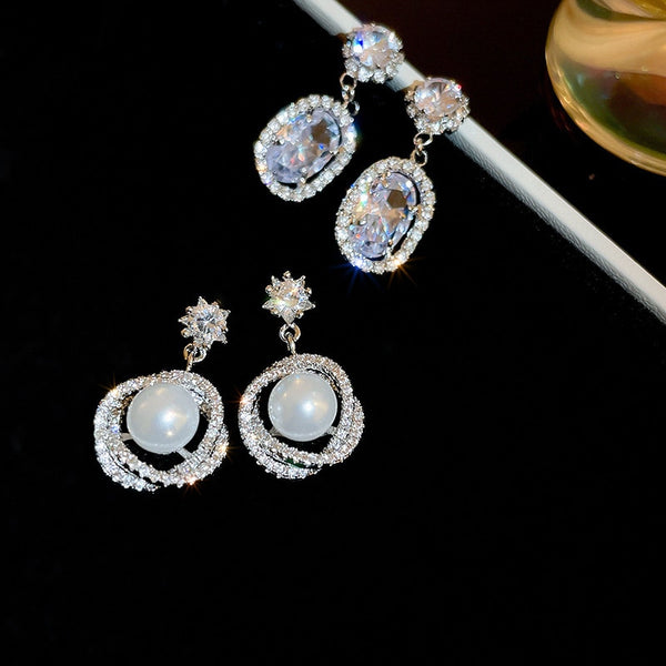 Korean Fashion Zircon Flash Circle Flower Pearl Drop Earrings For Women