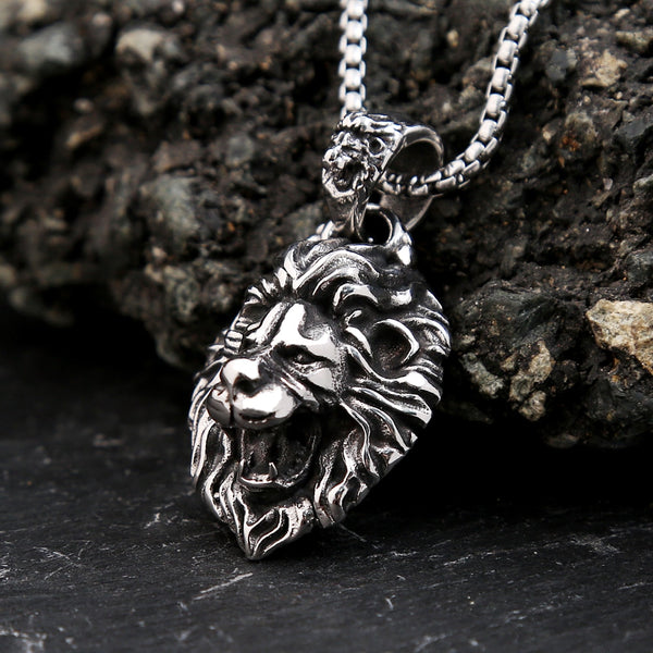 Collar con colgante de cabeza de león de acero inoxidable 316L para hombre, estilo punk vintage con colgante de animal.