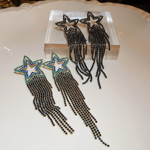 Pendientes largos con borlas y diamantes de imitación para mujer, con pentagrama, cristales negros y azules.