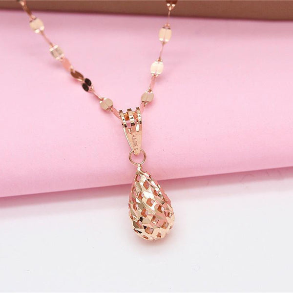 Collar con colgante de gota hueca de estilo sencillo, chapado en oro rosa de 14 quilates y oro púrpura 585