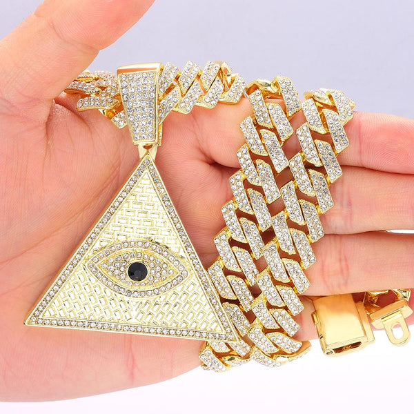 Bling Iced Out Triangle Illuminati Eye Pendant Necklace For Men