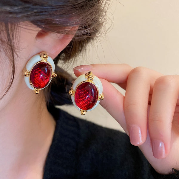 Pendientes grandes ovalados negros y rojos con diseño barroco de moda para mujer