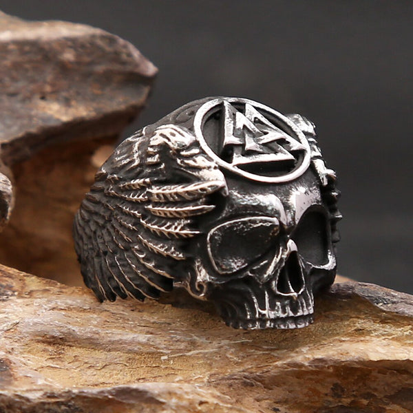 Anillo vintage de calavera vikinga Valknut para hombre, estilo punk, motero, de acero inoxidable, con diseño de cuervo.