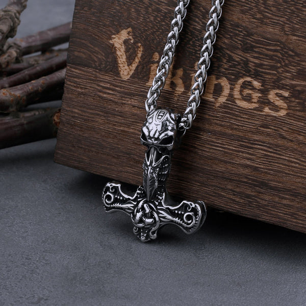 Collar vikingo Thor Mjolnir y calavera para hombre, amuleto de nudo celta, colgante de motociclista punk hip hop