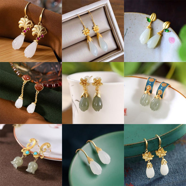 new natural Hetian jade magnolia plant exquisite earrings