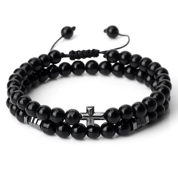 Juego de 2 pulseras de obsidiana con cuentas cruzadas de hematita y lava negra para hombre y mujer.