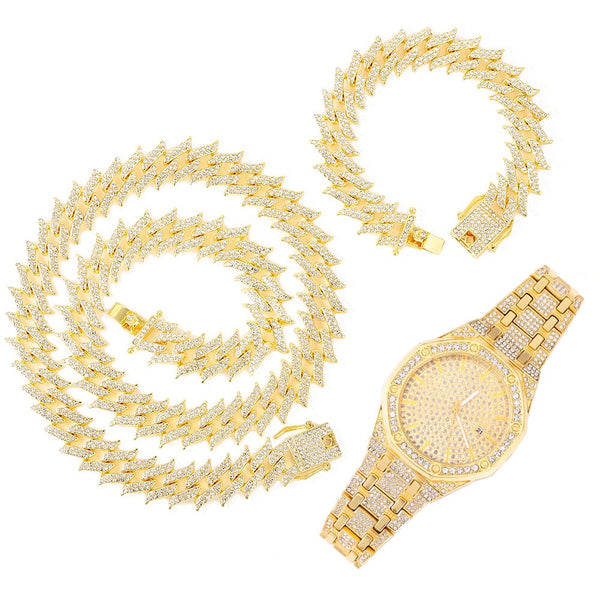 Reloj octagonal de lujo HipHop con incrustaciones de circonita helada y collar Cuba de 16 mm