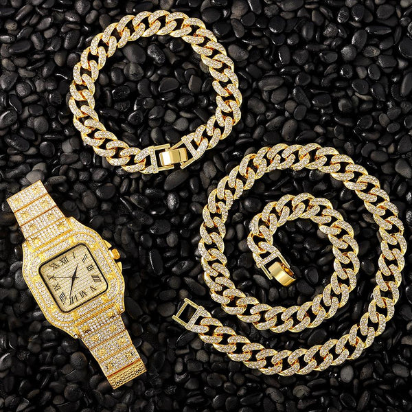 Reloj cuadrado con incrustaciones de circonitas de moda hip hop + collar de cadena cubana de 13 mm con diamantes