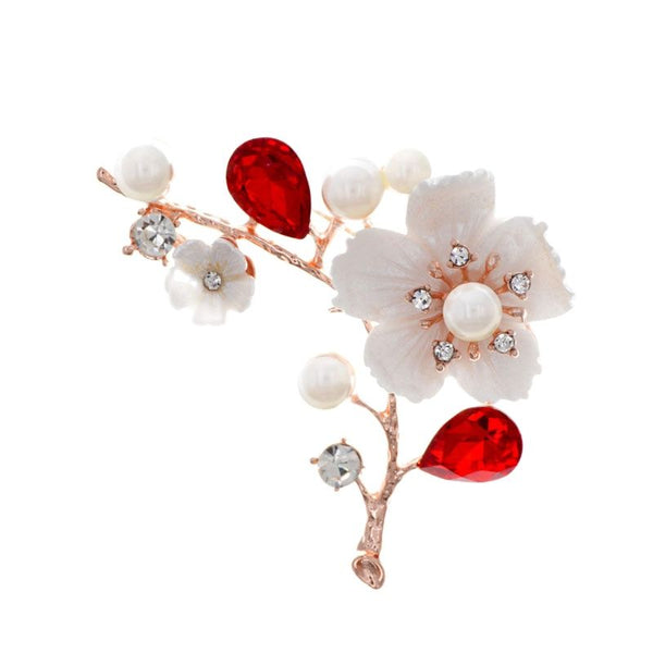 Shell And Pearl Flower Brooches For Women Elegant Fashion Pin Red Crystal Brooch