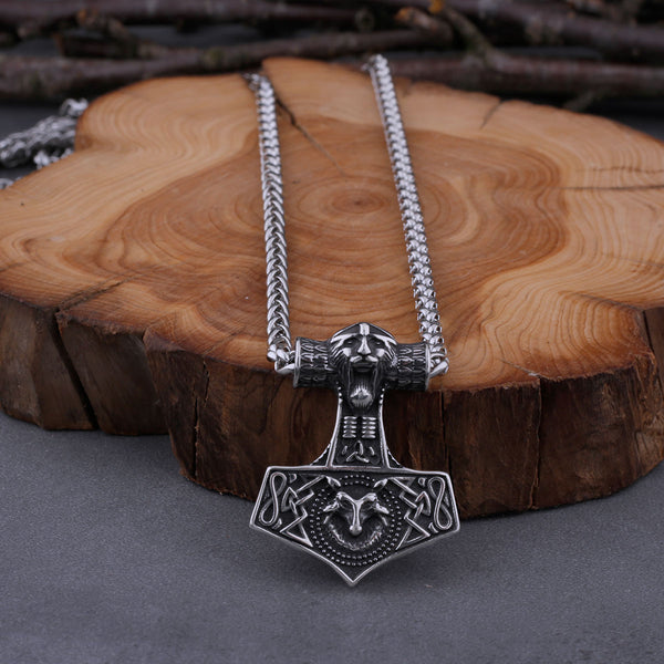 Collar vikingo de acero inoxidable con martillo de Thor y colgante de cabeza de lobo de Odín para hombre