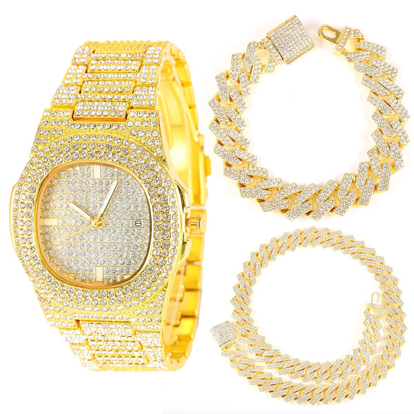 Kit de 3 piezas de Hip Hop con incrustaciones de circonita, reloj, collar y pulsera con cristales brillantes.