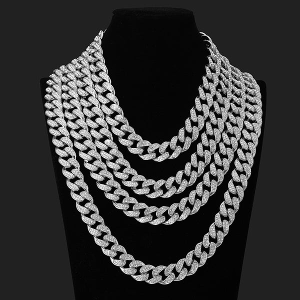 Hip Hop Full Miami Curb Cuban Chain Iced Out Paved Rhinestones  Necklaces