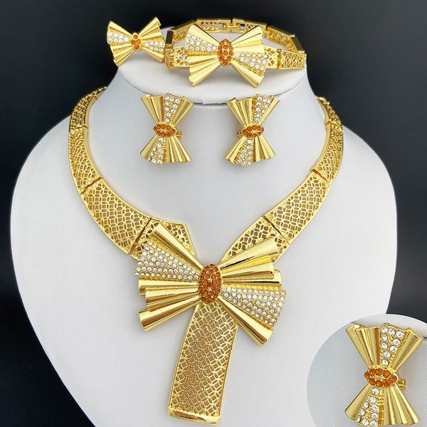 Dubai Gold Color Jewelry Sets For Women Bowknot Shape Necklace Earrings Big Bracelet