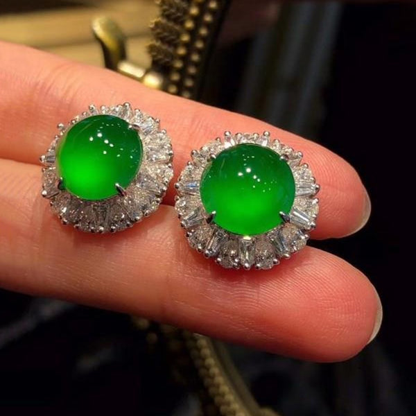 New inlaid natural Hetian full green chalcedony round flower large earrings