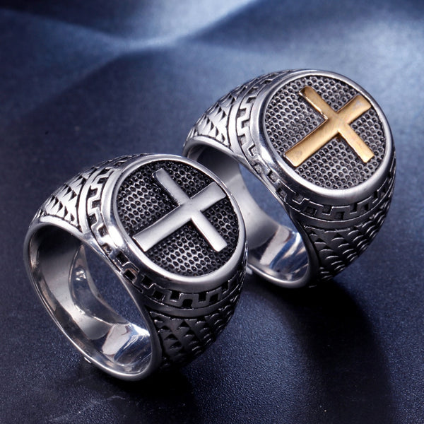 Anillo cristiano retro de moda explosiva para hombre, anillo cruzado de acero inoxidable