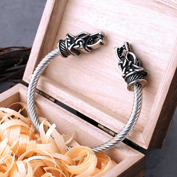 Pulsera de acero inoxidable con cabeza de lobo vikingo para hombre, estilo hip hop, estilo motero, estilo nórdico.